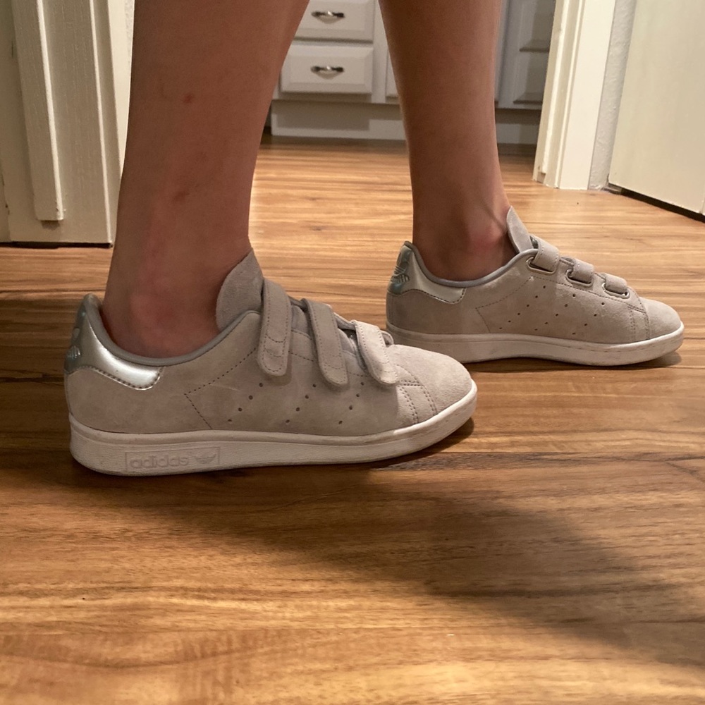 Suede Gray Stan Smith Adidas Velcro strap shoes